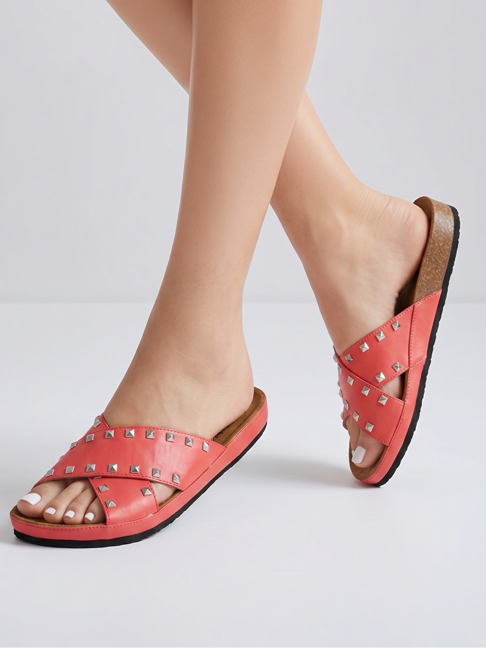 Comfortview tangerine color slip on sandals,‎ silver studs size women’s 11